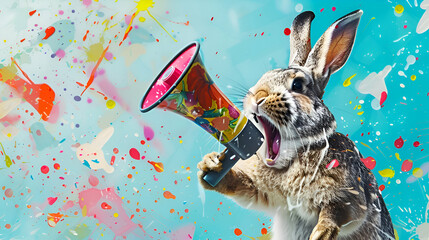 Wall Mural - Easter bunny holding megaphone for advertisement, awareness, events on a vintage sunburst art collage background 