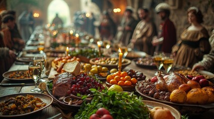 Medieval Banquet: Photograph a lavish banquet table with noble guests, feasting on roasted meats, fruits, and goblets of wine to showcase medieval dining customs