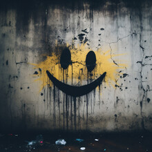A Smiley Face Graffiti On A Cracked, Dirty Wall With Yellow Paint.