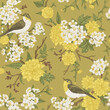 Seamless floral pattern with birds on a mustard background. Blooming garden trees. Warbler warbler. Vector detailed background. Botanical illustration. Colorful