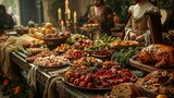 Fototapeta Uliczki - Medieval Banquet: Photograph a lavish banquet table with noble guests, feasting on roasted meats, fruits, and goblets of wine to showcase medieval dining customs