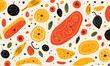flat Hand drawn abstract pattern with foods