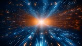 Fototapeta Przestrzenne - Abstract background with blue and orange lights, rays of light forming an array of dots or particles. cosmic exploration and futuristic technology. being in space or time travel. For Background