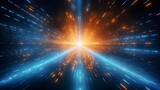 Fototapeta Przestrzenne - Abstract background with blue and orange lights, rays of light forming an array of dots or particles. cosmic exploration and futuristic technology. being in space or time travel. For Background