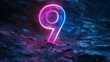 Digital symbol 9, abstract number nine glowing in the dark with pink blue neon light.