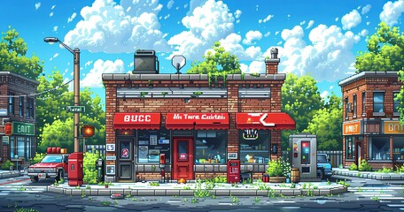 Wall Mural - luxury cozy business club meetup and breakfast at cafe 8-bit style 1990s point and click adventure game screenshot pixel art
