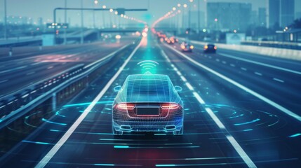 Aufkleber - A smart autonomous car travels on a highway. It scans the road, observes distances, and then speeds off. Future concept. A driverless smart car. A driving vehicle. Future concept. Road scanning,