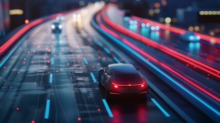 Poster - Visualization of an autonomous car on a highway. The AI is used to scan the road with sensors and control the vehicle.