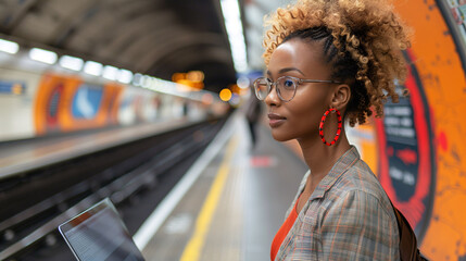 Wall Mural - Stylish young woman waiting at subway station with laptop