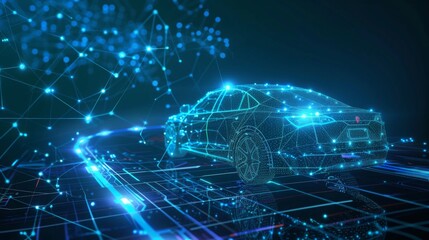 Poster - Abstract image of smart car in the form of a starry sky or space. Hologram auto in HUD UI style. Futuristic car service, scanning, and auto data analysis. User interface wireframe of futuristic car