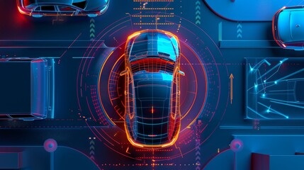 Aufkleber - In future, Autonomous smart car will scan the road for hazards. IOT concept in autonomous self-driving mode with graphic sensors and radar signals. Top view of the futuristic smart car with the