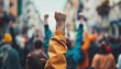 A crowd of people are protesting and one man is holding his fist up in the air by AI generated image