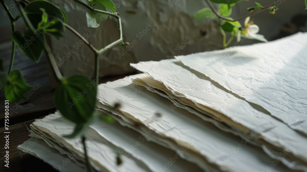 Handmade paper with deckled edges, each sheet unique, set against a ...