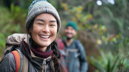 From Aguamansa, Tenerife, Spain - Woman hiking in forest with male hiker in background. Mixed-race Asian Caucasian female model smiling.