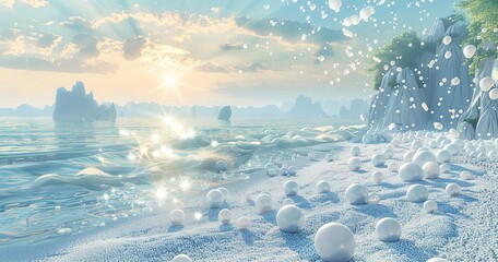 Wall Mural - many Pearl, placed on white sand beach, in the water, waves, sunshine, a Chinese landscape painting made with white jade mountain, beautiful romance, HD rendering, virtual engine