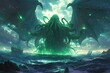 Cthulhu rising from the ocean in an art style evoking horror, with a dark and mysterious atmosphere. 