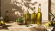 A set of herbinfused olive oils, their green and golden hues sparkling against a Mediterraneaninspired backdrop, highlighting the essence of flavor low noise