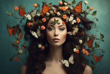Surreal Portrait Of A Woman With Butterflies In Her Hair, Spring Concept.