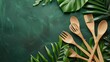 A set of ecofriendly bamboo utensils, their natural textures against a backdrop of lush greenery, emphasizing sustainability and connection to nature low texture