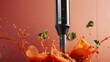 A highpowered immersion blender, its sleek form against a splash of vibrant soup, emphasizing power and the joy of making comfort food no dust