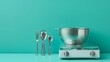 A digital kitchen scale and a set of stainless steel measuring spoons, contrasted against a vivid teal background, emphasizing precision and modernity low texture