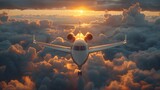 Fototapeta  - a private jet soaring high above the clouds, its sleek fuselage and polished exterior embodying the epitome of luxury and style, in cinematic 8k high resolution.