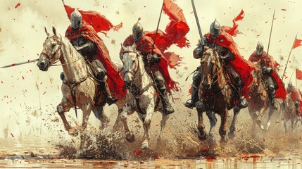 Medieval Battle: Illustrate a fierce battle scene with armored knights charging on horseback, wielding weapons, and clashing in combat to depict medieval warfare