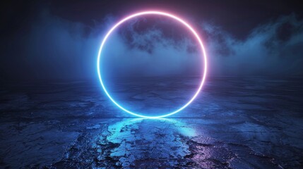 Poster - An abstract geometric shape circle. Neon blue light.