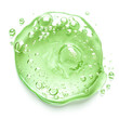 Top-down view showcasing a green dishwashing liquid detergent puddle isolated on a white background