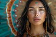 © Athena - A young woman with decorative facial makeup and ethnic jewelry poses against a blurred background, exuding a bohemian vibe.