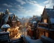 Beautiful panoramic view of a snow-covered village at sunset