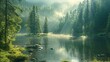 Green fir forest, lake on background, light ray. Generative AI.