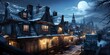 Winter night in the village. Panoramic view of the village.