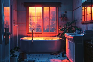 Wall Mural - Captivating Bathroom blue anime visual novel game. Indoor house. Generate Ai