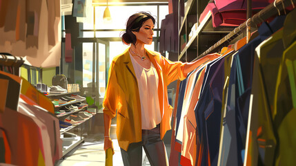 Wall Mural - Contemporary shopping scene featuring a fashionable woman exploring clothing options