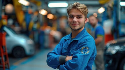 Poster - A happy young mechanic in a blue uniform stands with his arms crossed against the backdrop of car. Generative AI.