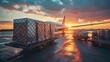 A cargo plane is unloading boxes of goods from the runway at sunset. Generative AI.