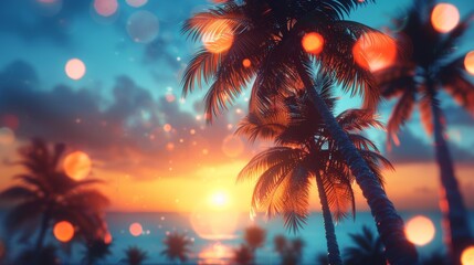 Poster - Vintage tone and Bokeh lights set against tropical palm trees at sunset - Summer Vacation