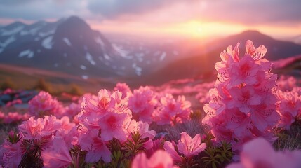 Poster - Summer mountain with pink rhododendrons