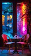 Intimate Caf Terrace Aglow in Soft Neon Radiance Inviting Conversations in Warm Ambiance