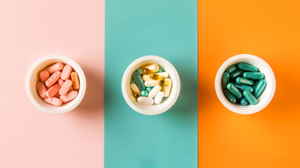 Sticker - Bowl filled with capsules - tablets and softgels, various colored background