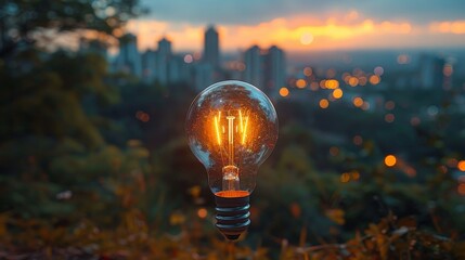 Aufkleber - Businessman holding light bulb against nature on city background with icons for renewable energy, ecology, and sustainable development.