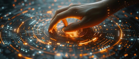 Aufkleber - Using a circular virtual screen and a user touching a button, we see a smart home automation assistant on a circular screen