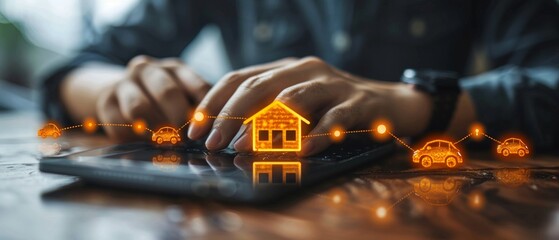 Fototapete - Businessman offers IoT icon with wireless symbol and tech devices network. Concept of IoT solution, symbol connected. Intelligent house, car, laptop, watch, smartphone.