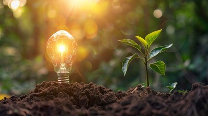 Poster - Sustainable energy sources, green energy, plant growing in bulbs