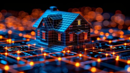 Aufkleber - A glowing stack of coins and a house icon in the form of an abstract 3D graphic background. Low poly style. Geometric background. Wireframe light connection structure. Modern 3D graphic background.
