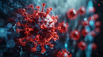 Poster - A futuristic blue guard shield attacked by red viruses. A concept of protection from viruses and the immune system. A low poly digital style with a blue geometric background wireframe. A modern 3D