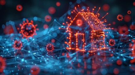 Fototapete - Abstract house symbol behind futuristic guard shield attacked by red viruses. Low poly style. Blue geometric background. Wireframe connection structure. Modern graphic. Abstract house symbol behind