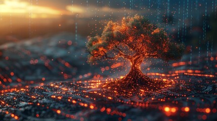 Poster - Modern illustration showing a digital tree with a futuristic polygonal design. The concept is to create capital or invest or build a stock market.