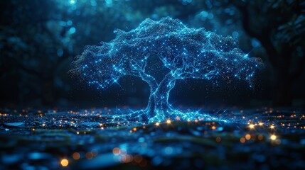 Leinwandbilder - The lighting effects of a tree for a Christmas card. An abstract tree in cyber technology with a futuristic design for a New Year greeting card.